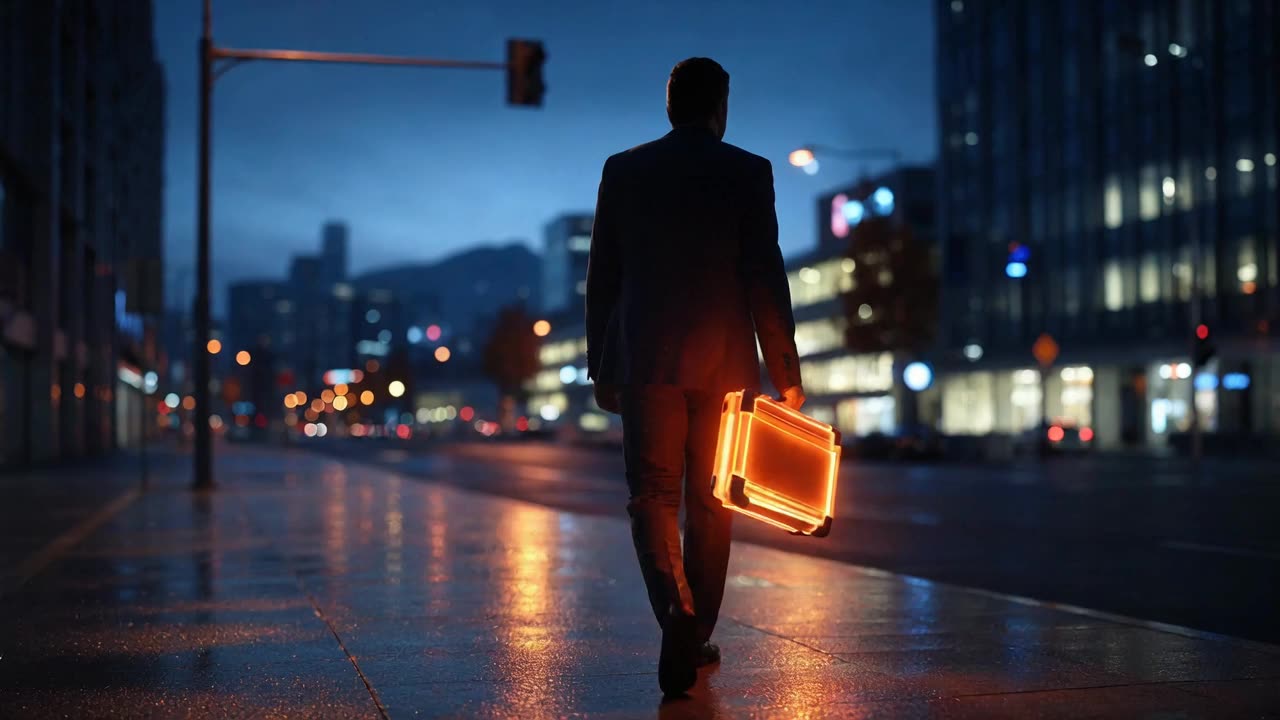 A person walking a wet city street at night, carrying a glowing orange case